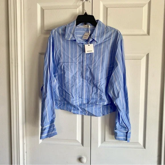 Simkhai Renata Cropped Button Down Shirt Wide Oxford Blue Stripe LARGE - Picture 4 of 6